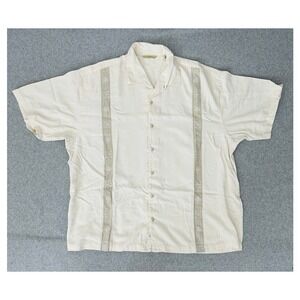 Tommy Bahama Shirt XXL Ivory Silk Embroidered Camp Casual Cream Short Sleeve